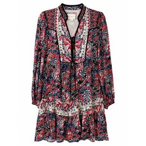 Anthropologie Boho Paisley Tiered Dress Medium Navy Peasant Mandarin Collar